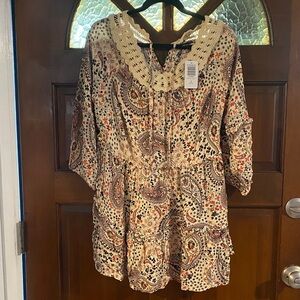 Torrid Cream and Brown Paisley Tunic with Crochet Neckline